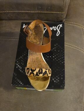 Sam Edelman Leopard Front and Tan Ankle-Strap Sandal with Gold Toe